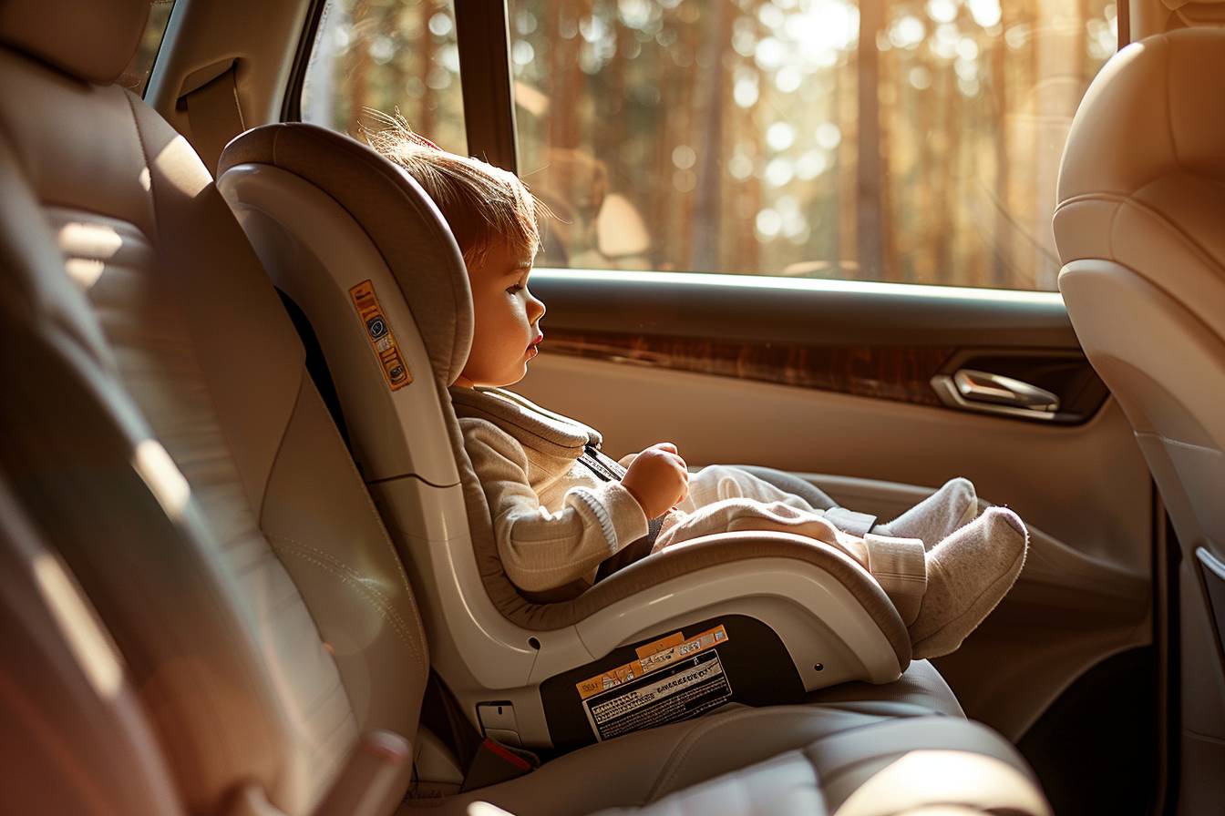 Enfant bien attaché dans un siège auto sécurisé  
Dispositifs de sécurité pour voyager en famille sereinement