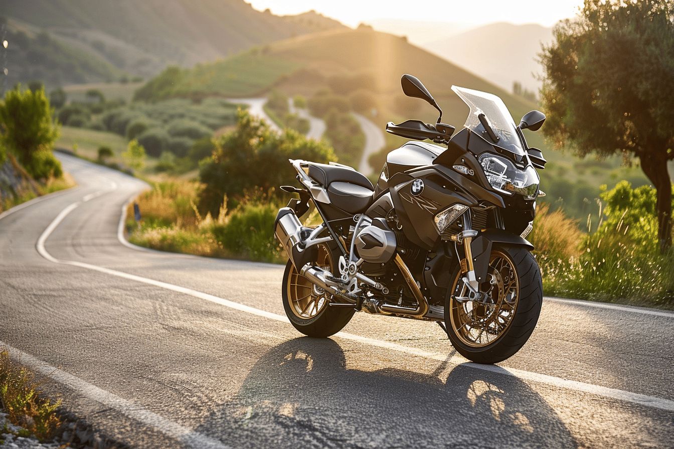 BMW 1200 RT sur route avec un paysage panoramique  
Moto de tourisme élégante prête pour un long voyage