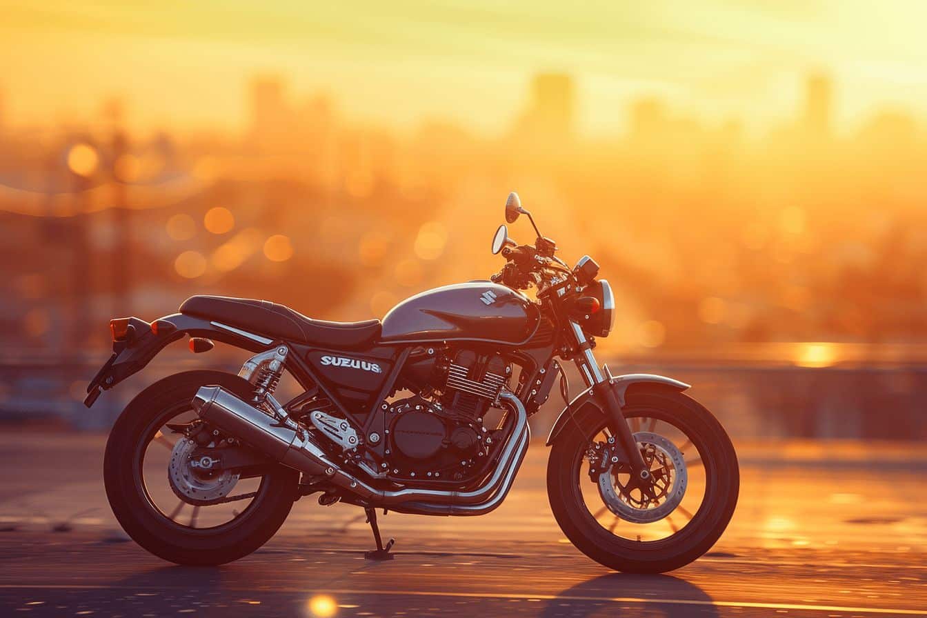 Un roadster Suzuki Gladius sur une route ensoleillée  
Un Gladius Suzuki garé devant un paysage urbain